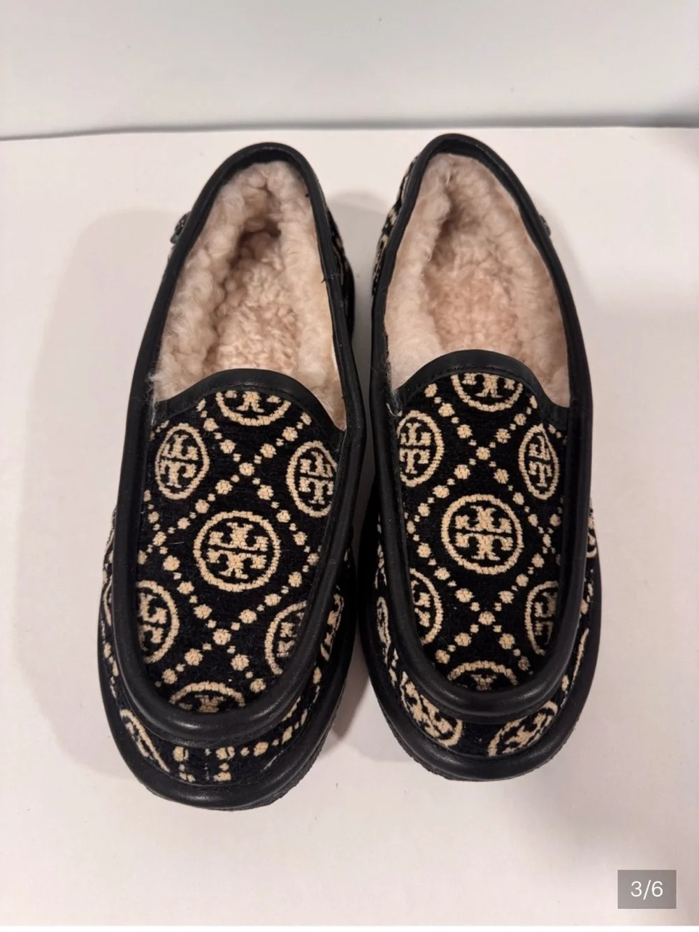 Tory Burch Black & Cream Monogram Shearling Loafers